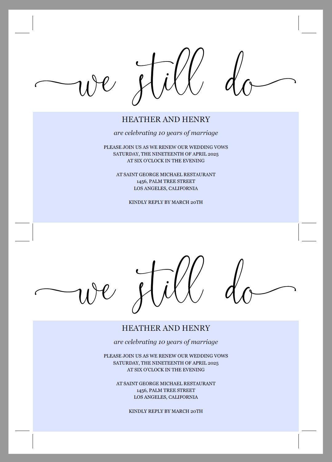 We Still Do Invitation Template, Wedding Anniversary, Vow Renewal Invite, Anniversary Party, Renew Vows - Heather - SAVVY PAPER CO