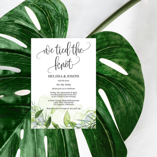 We tied the knot Wedding Invitation Template, Editable,Printable, Calligraphy,Greenery,Wedding Announcement,Elopement,we eloped - Melissa - SAVVY PAPER CO