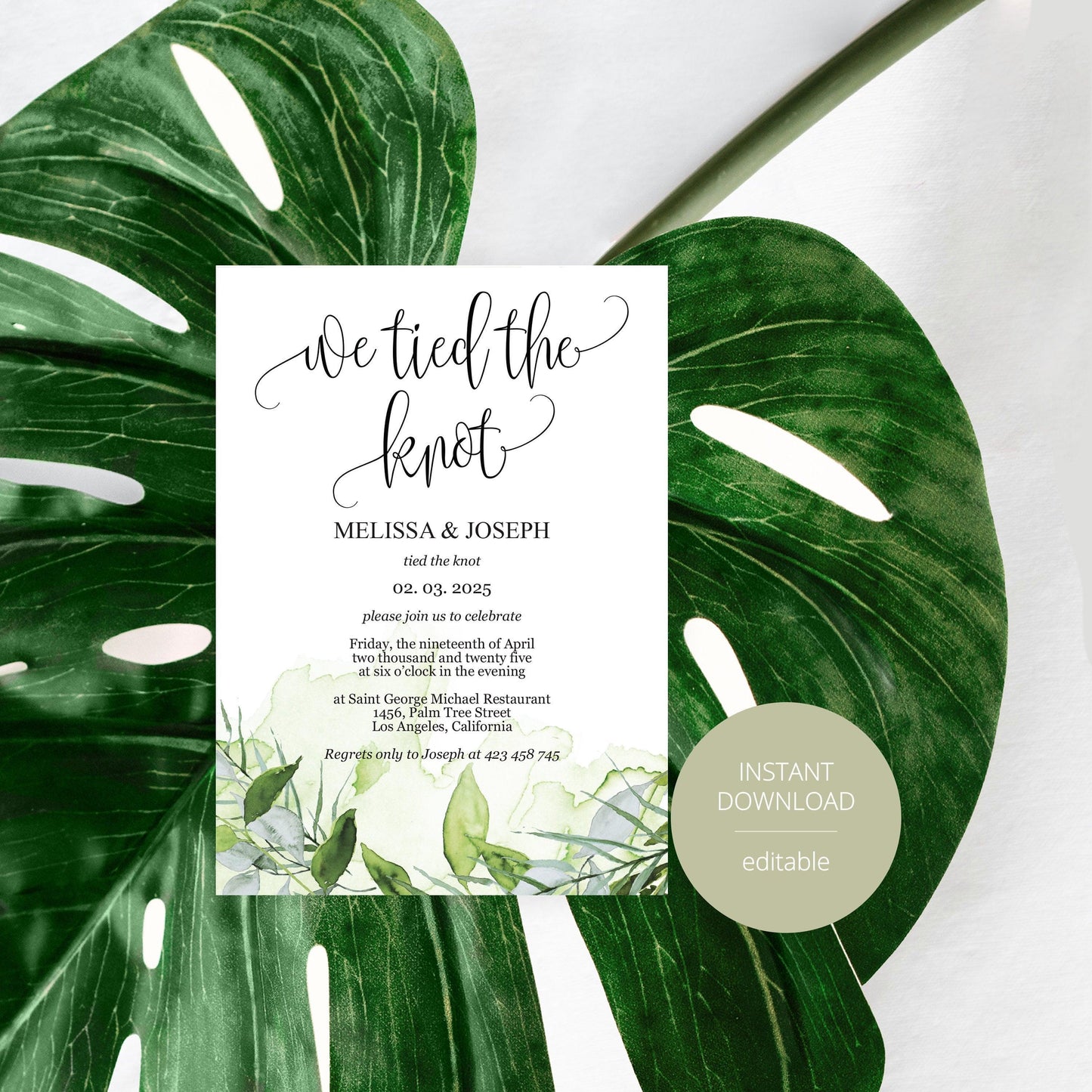 We tied the knot Wedding Invitation Template, Editable,Printable, Calligraphy,Greenery,Wedding Announcement,Elopement,we eloped - Melissa - SAVVY PAPER CO