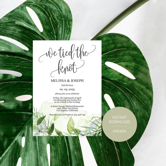 We tied the knot Wedding Invitation Template, Editable,Printable, Calligraphy,Greenery,Wedding Announcement,Elopement,we eloped - Melissa - SAVVY PAPER CO