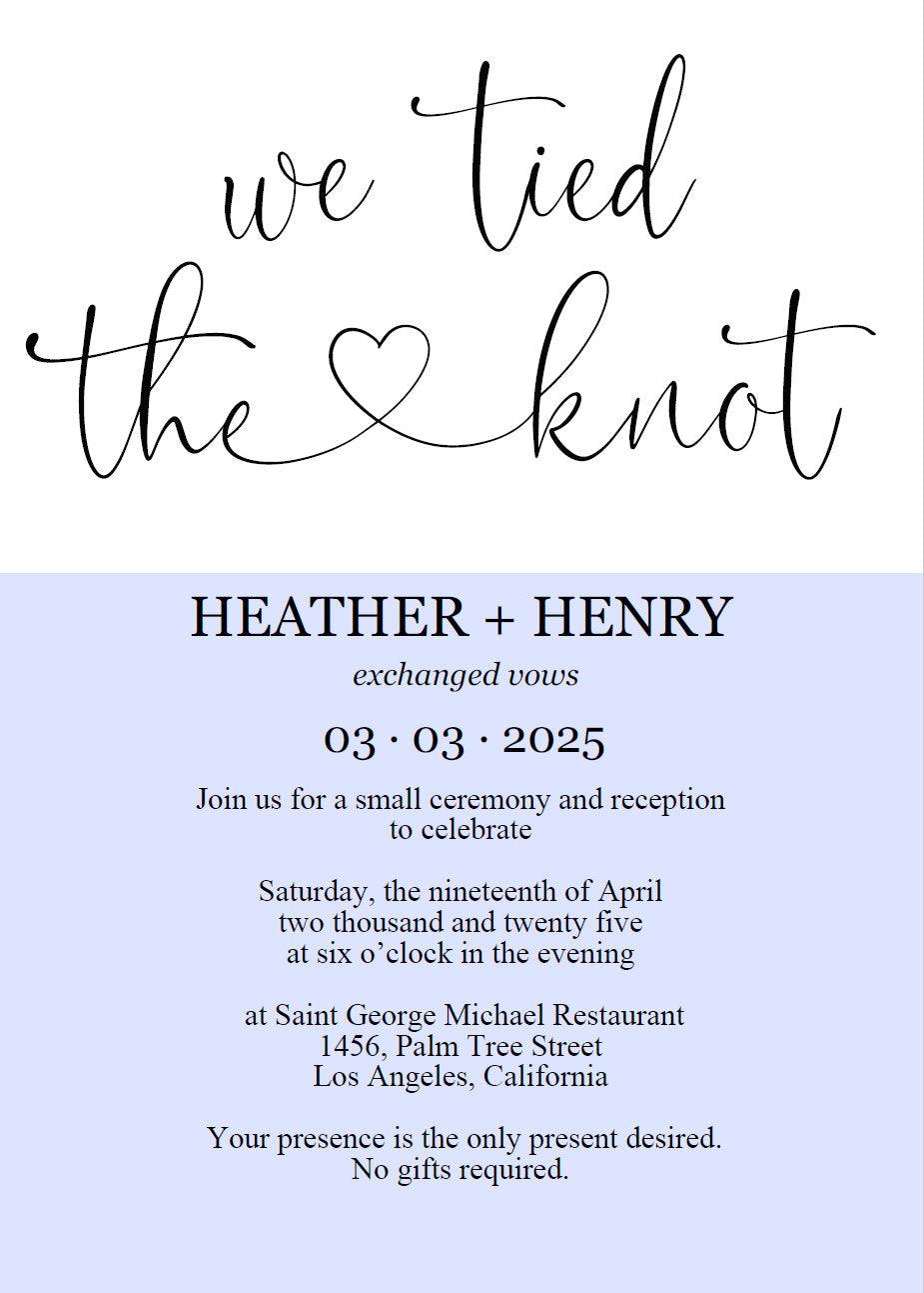 We tied the knot Wedding Invitation Template, Editable,Printable, Calligraphy, Heart, Wedding Announcement, Elopement, we eloped - Heather - SAVVY PAPER CO