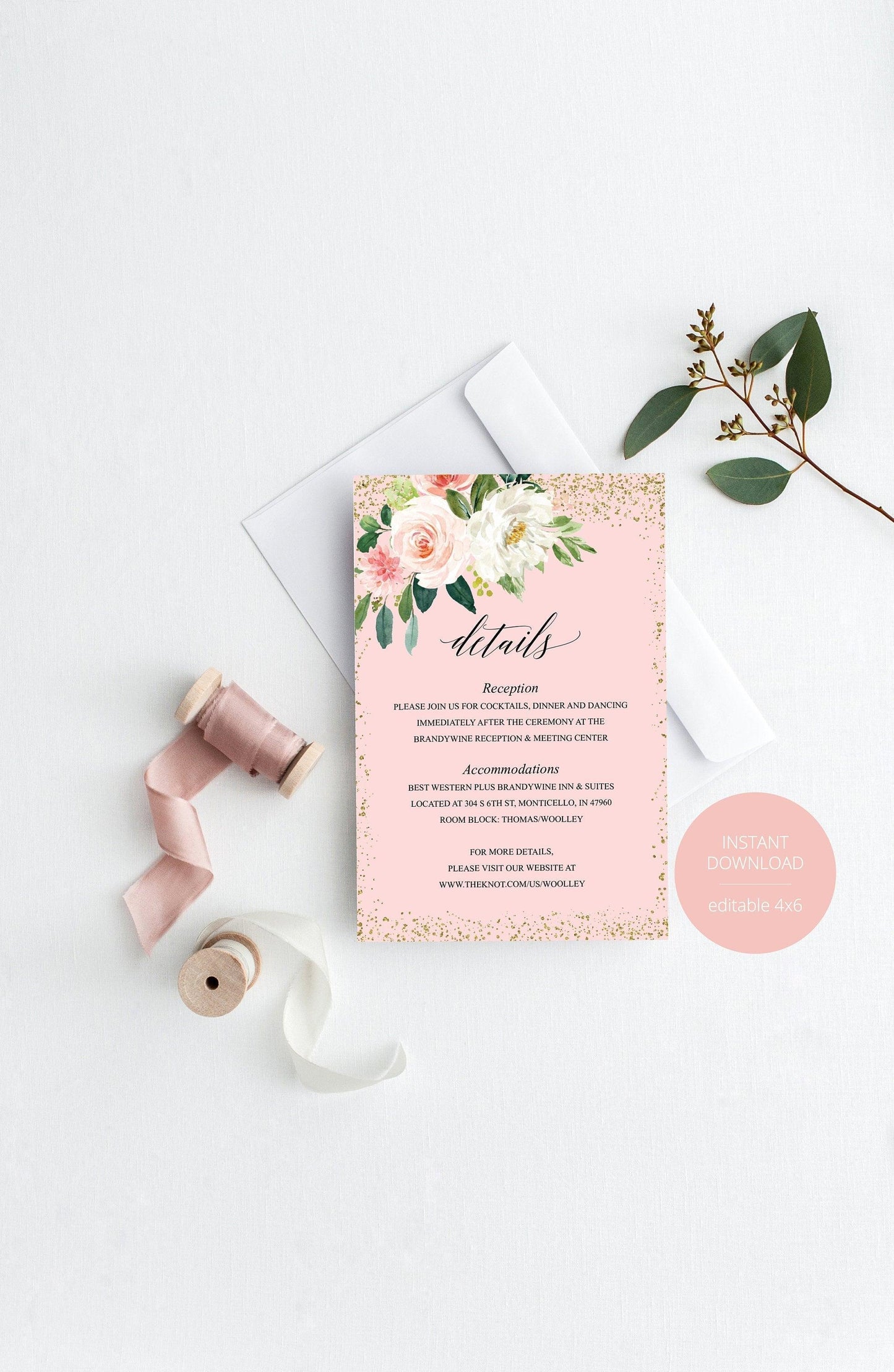 Wedding Details Card Template, Instant Download, Information Card, Wedding Info Card, Blush Wedding,Details Template, Floral - ELOISE - SAVVY PAPER CO