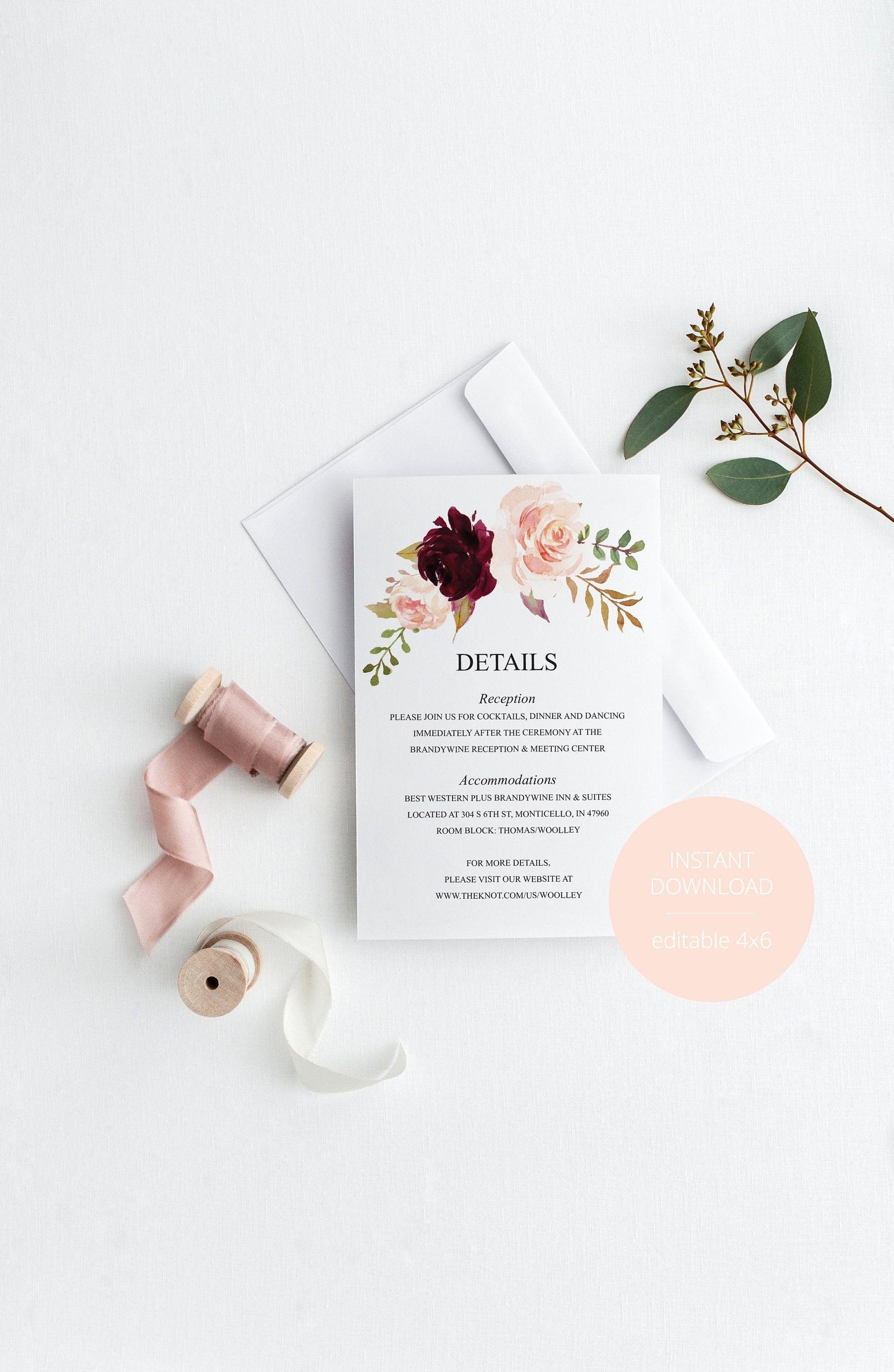 Wedding Details Card Template, Instant Download, Information Card, Wedding Info Card,Details Template, Floral, Burgundy - KATHERINE - SAVVY PAPER CO