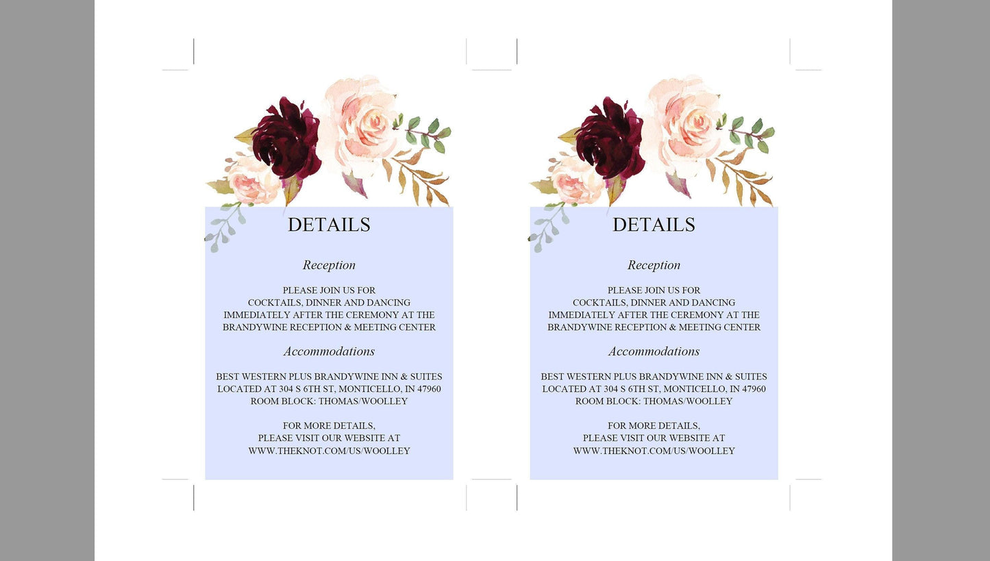Wedding Details Card Template, Instant Download, Information Card, Wedding Info Card,Details Template, Floral, Burgundy - KATHERINE - SAVVY PAPER CO