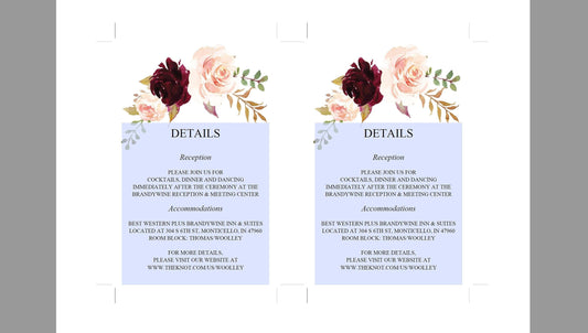 Wedding Details Card Template, Instant Download, Information Card, Wedding Info Card,Details Template, Floral, Burgundy - KATHERINE - SAVVY PAPER CO
