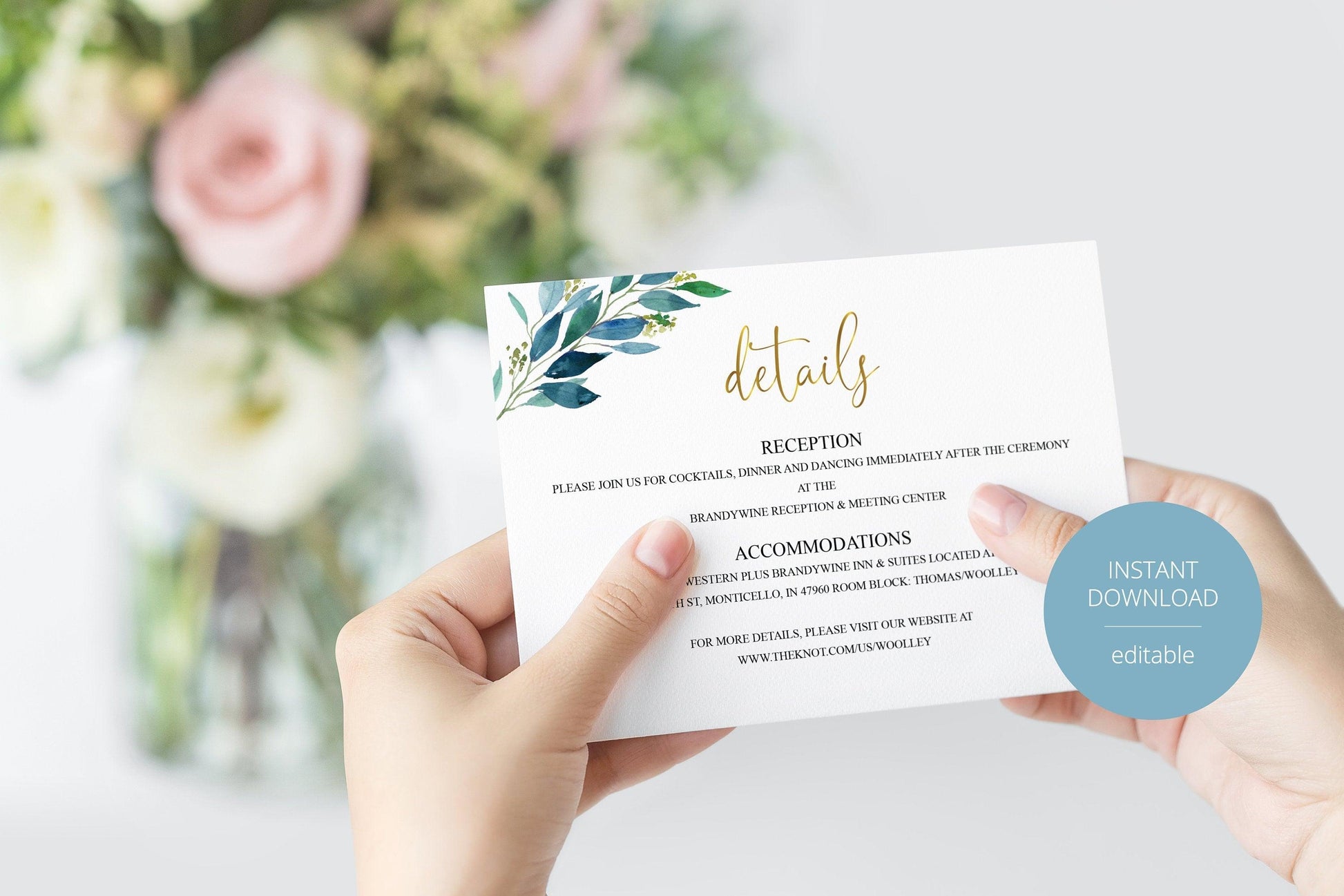 Wedding Details Card Template, Instant Download, Information Card, Wedding Info Card, Dusty Blue Card, Details Template, Gold - Elaine - SAVVY PAPER CO