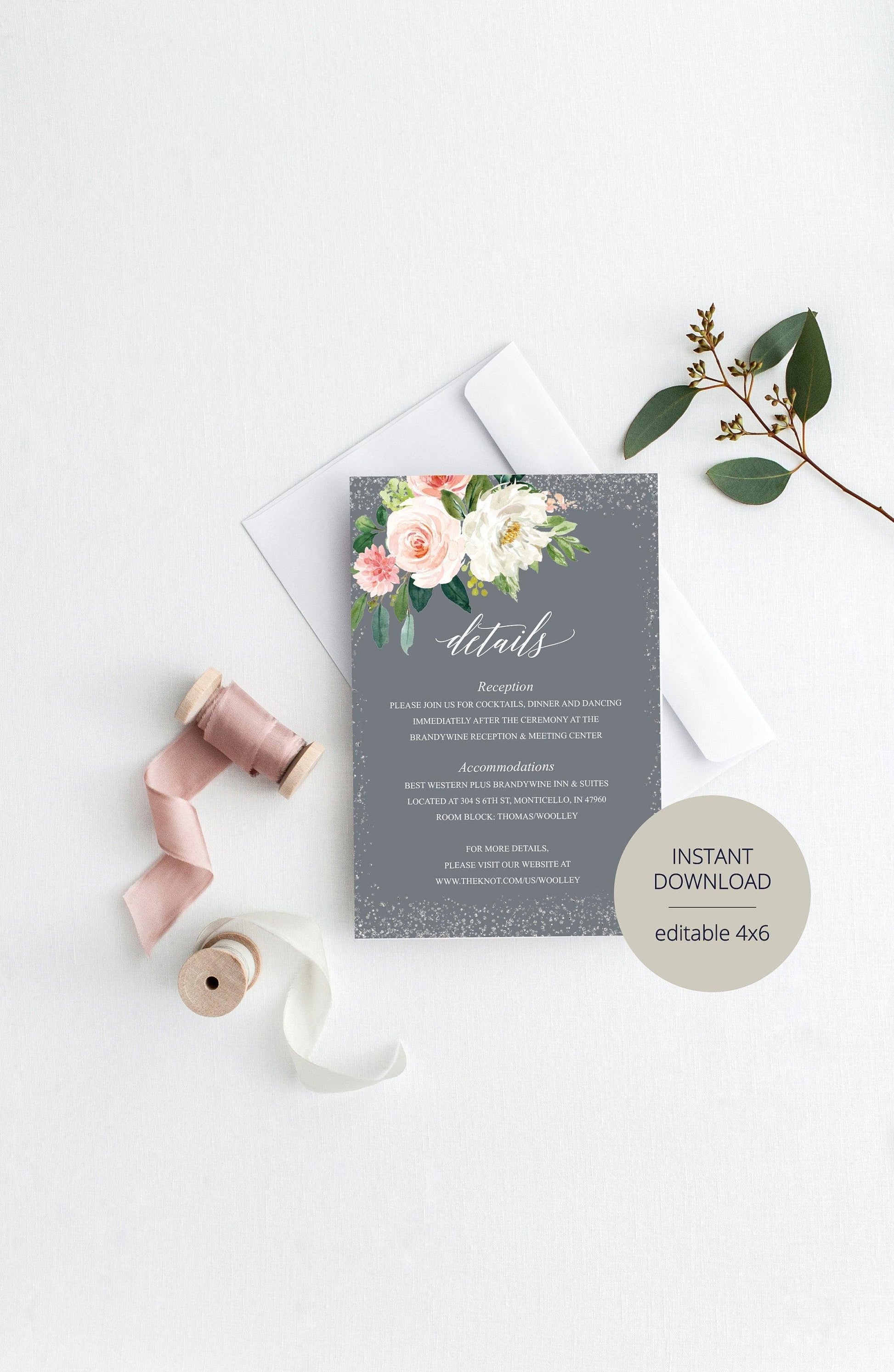 Wedding Details Card Template, Instant Download, Information Card, Wedding Info Card, Gray Silver Wedding,Details Template,Floral - ELOISE - SAVVY PAPER CO