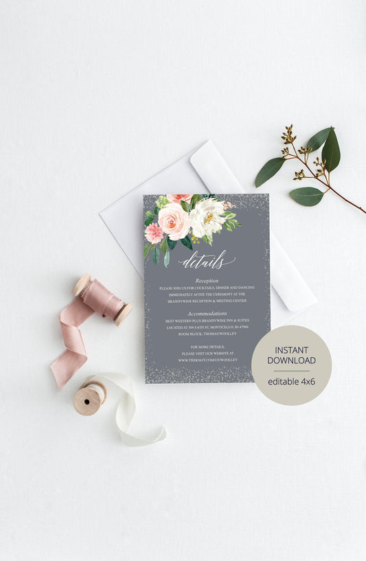 Wedding Details Card Template, Instant Download, Information Card, Wedding Info Card, Gray Silver Wedding,Details Template,Floral - ELOISE - SAVVY PAPER CO