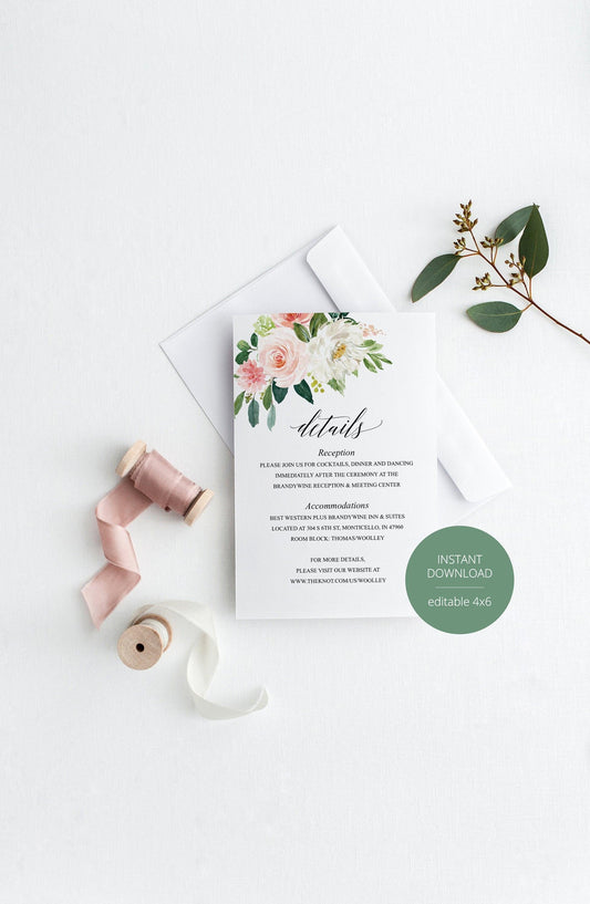 Wedding Details Card Template, Instant Download, Information Card, Wedding Info Card, Greenery Wedding,Details Template, Floral - ELOISE - SAVVY PAPER CO