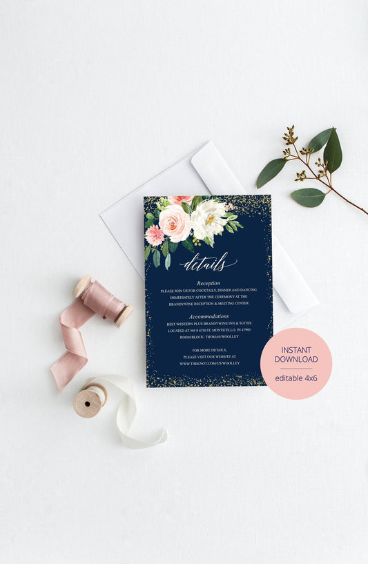 Wedding Details Card Template, Instant Download, Information Card, Wedding Info Card, Navy Blue Wedding,Details Template, Floral - ELOISE - SAVVY PAPER CO
