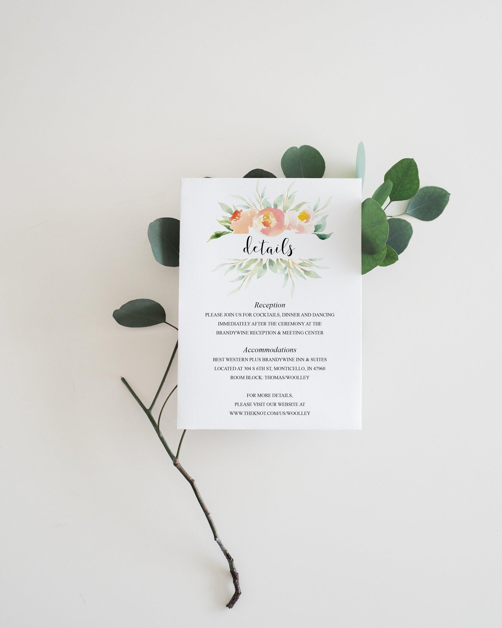 Wedding Details Card Template, Instant Download, Information Card, Wedding Info Card, Rustic Wedding,Details Template, Blush - Sarah - SAVVY PAPER CO