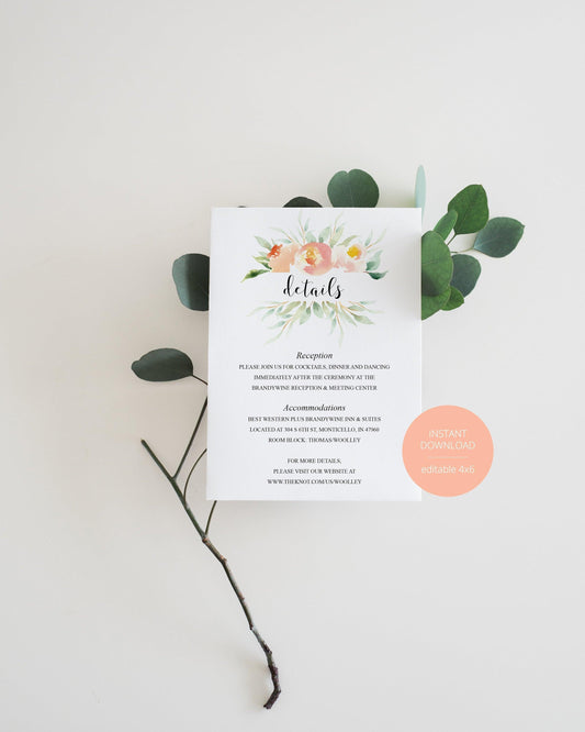 Wedding Details Card Template, Instant Download, Information Card, Wedding Info Card, Rustic Wedding,Details Template, Blush - Sarah - SAVVY PAPER CO