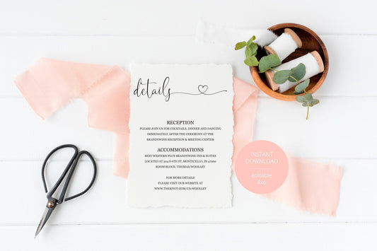 Wedding Details Card Template, Instant Download, Information Card, Wedding Info Card, Rustic Wedding,Details Template - Heather - SAVVY PAPER CO