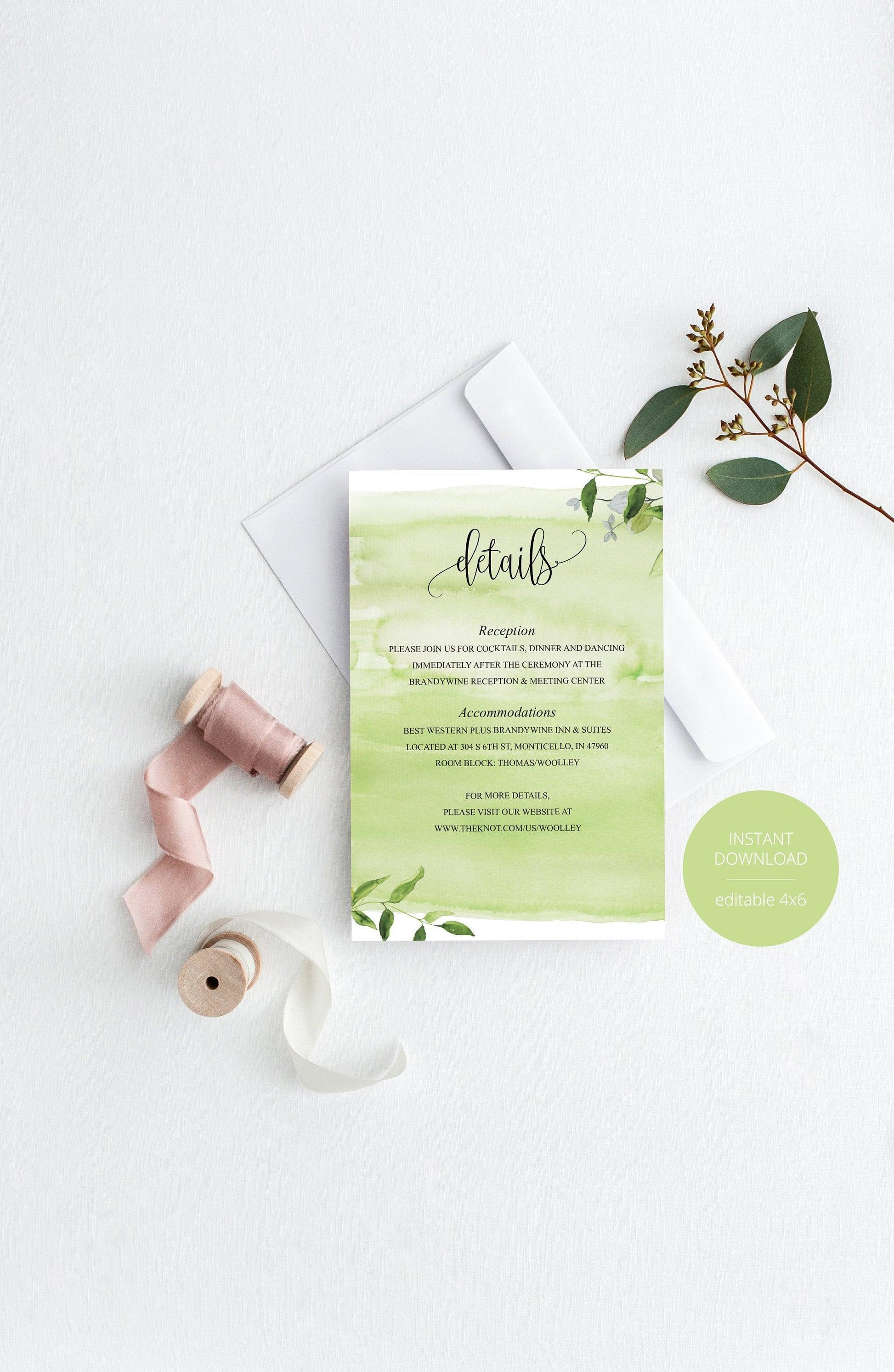 Wedding Details Card Template, Instant Download, Information Card,Wedding Info Card,Watercolor Wedding,Details Template, Greeneryl - MELISSA - SAVVY PAPER CO