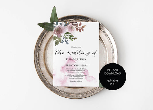 Wedding Invitation Editable Template, Printable DIY Instant Download Invites, Digital Download Floral Invitations- Elisa - SAVVY PAPER CO