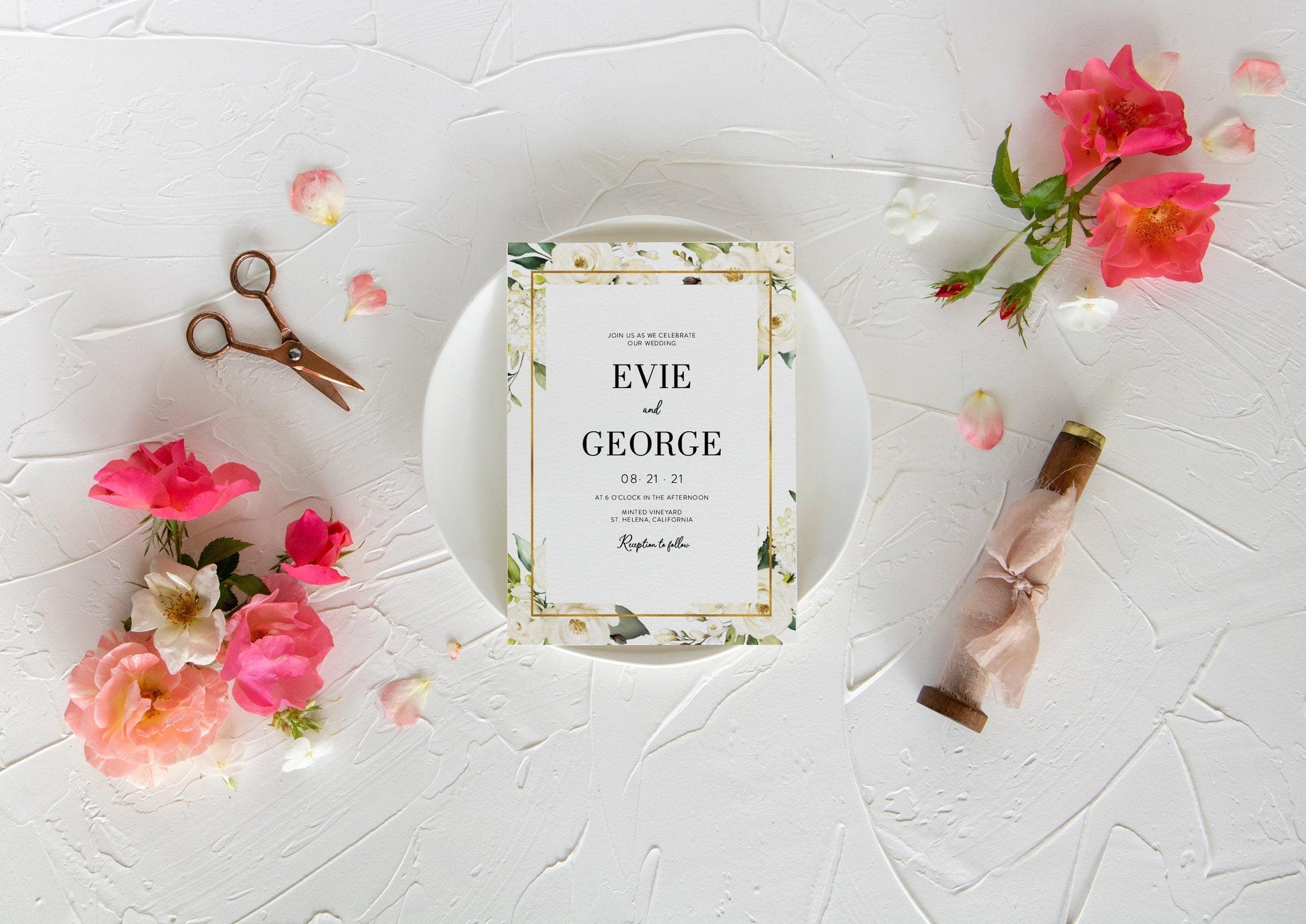 Wedding Invitation Template, Bohemian Wedding Invite, Instant Download, Floral Wedding Invitation, Heart, Gold Wedding - EVIE - SAVVY PAPER CO