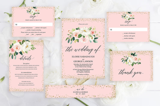 Wedding Invitation Template, Printable Wedding Invitation, Gold Wedding, Instant Download, Editable Invitation,Floral, Blush Gold - Eloise - SAVVY PAPER CO