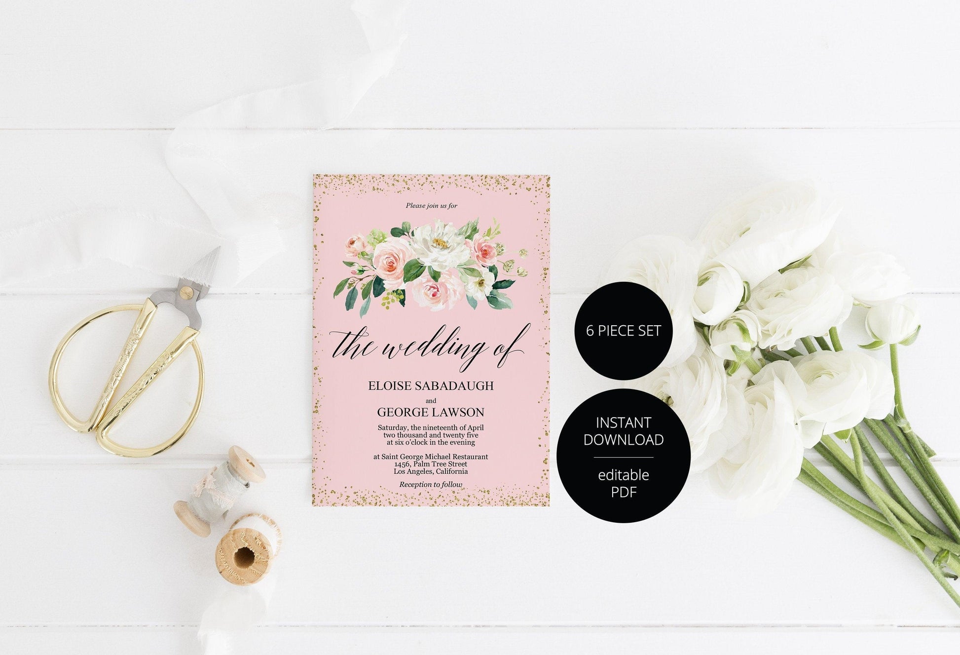 Wedding Invitation Template, Printable Wedding Invitation, Gold Wedding, Instant Download, Editable Invitation,Floral, Blush Gold - Eloise - SAVVY PAPER CO