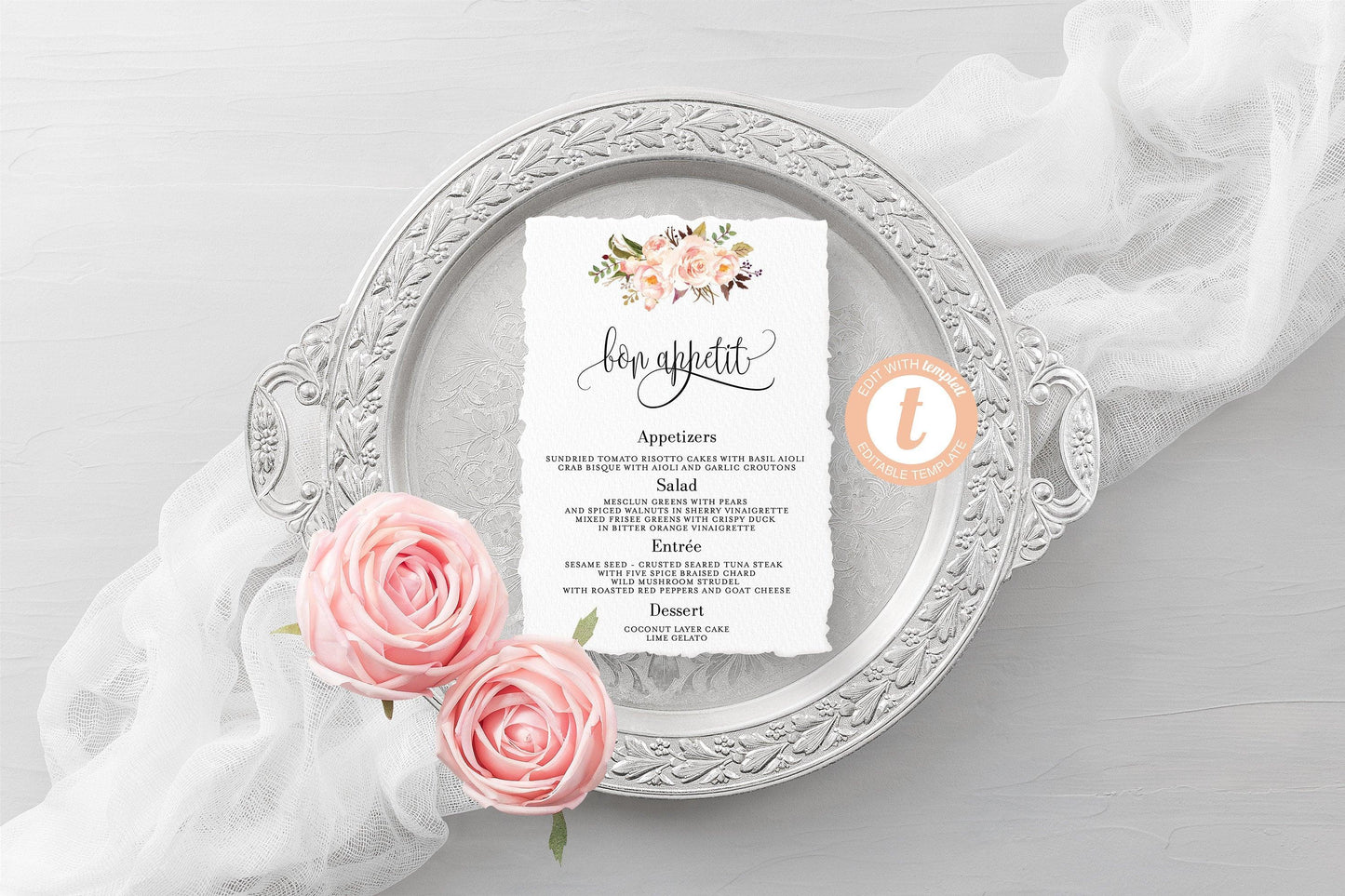 Wedding Menu Printable Template, Editable Instant Download, Menu Cards, DIY Dinner Menu Blush Floral, Templett - KATHERINE - SAVVY PAPER CO