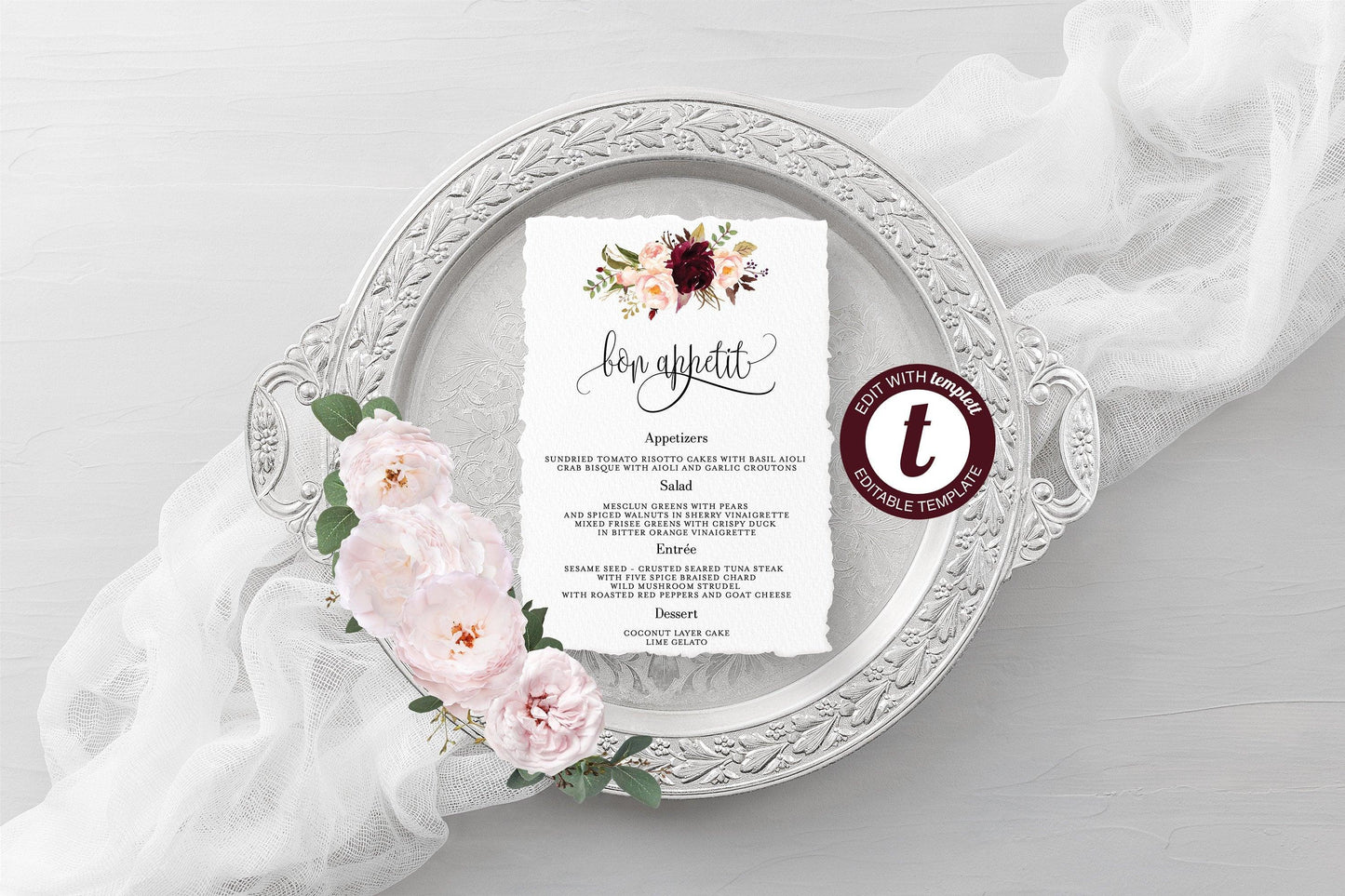 Wedding Menu Printable Template, Editable Instant Download, Menu Cards, DIY Dinner Menu Burgundy Floral -KATHERINE - SAVVY PAPER CO