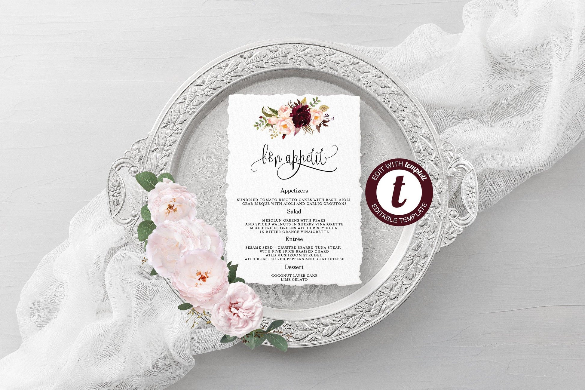Wedding Menu Printable Template, Editable Instant Download, Menu Cards, DIY Dinner Menu Burgundy Floral -KATHERINE - SAVVY PAPER CO