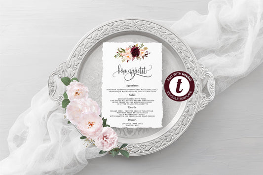 Wedding Menu Printable Template, Editable Instant Download, Menu Cards, DIY Dinner Menu Burgundy Floral -KATHERINE - SAVVY PAPER CO
