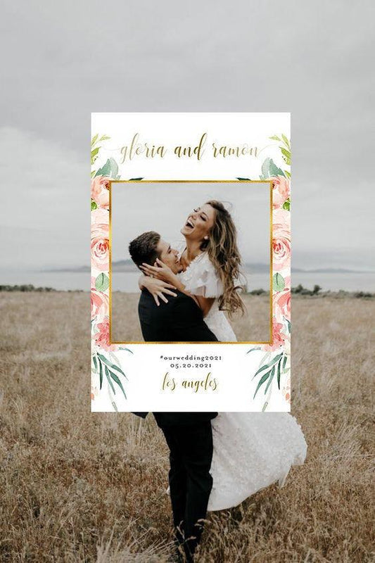 Wedding Photo Booth Frame Template, Floral Photo Prop Frame, Birthday Photo Booth Prop, Editable, Gold - Gloria - SAVVY PAPER CO