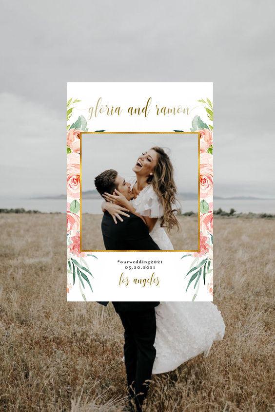 Wedding Photo Booth Frame Template, Floral Photo Prop Frame, Birthday Photo Booth Prop, Editable, Gold - Gloria - SAVVY PAPER CO