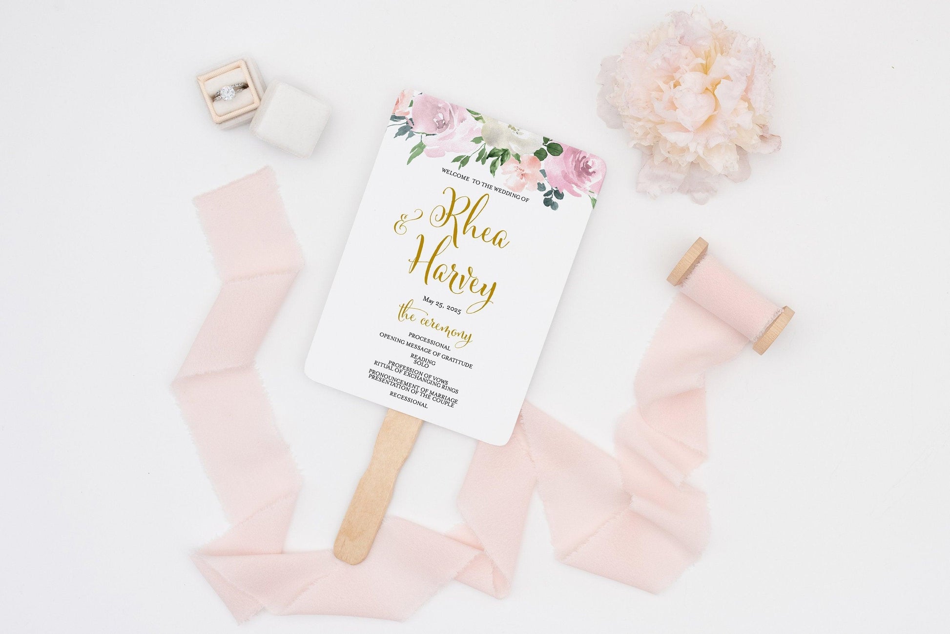 Wedding Program Fan Template Printable Ceremony Programs Editable Template Instant download Dusty Blue Blush Greenery - Rhea - SAVVY PAPER CO