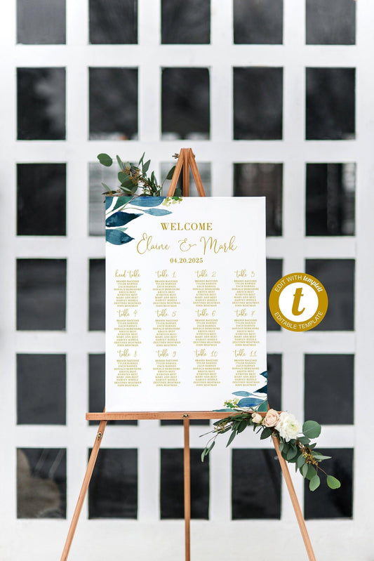 Wedding Seating Chart Template, Printable Dusty Blue Seating Sign, Editable Text INSTANT DOWNLOAD -Elaine - SAVVY PAPER CO