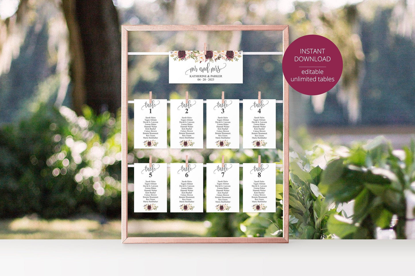 Wedding Seating Chart Template, Printable Floral Burgundy Seating Sign, Seating Cards, Editable Text INSTANT DOWNLOAD -KATHERINE - SAVVY PAPER CO
