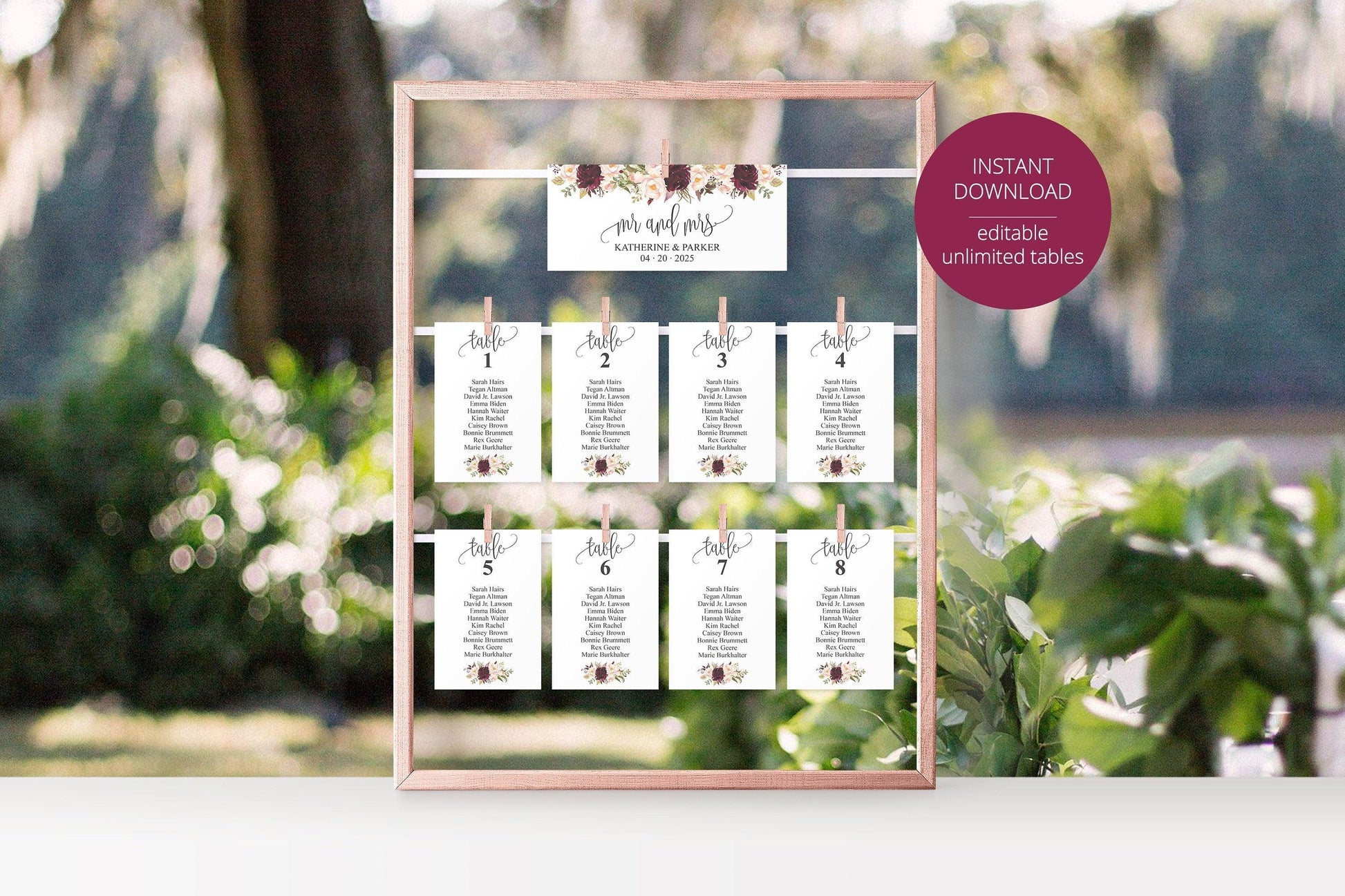 Wedding Seating Chart Template, Printable Floral Burgundy Seating Sign, Seating Cards, Editable Text INSTANT DOWNLOAD -KATHERINE - SAVVY PAPER CO