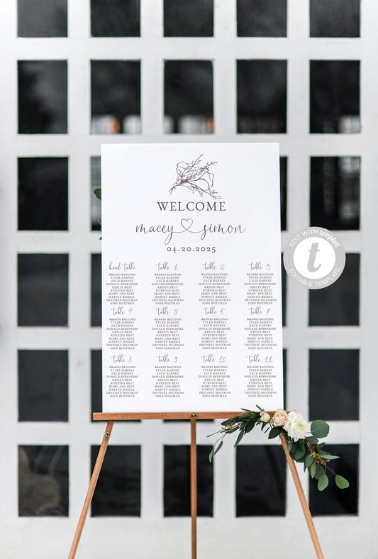 Wedding Seating Chart Template, Printable Floral Seating Sign, Editable Text INSTANT DOWNLOAD -Macey - SAVVY PAPER CO