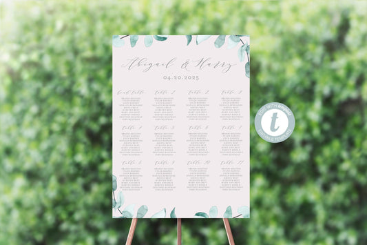 Wedding Seating Chart Template, Printable Greenery Seating Sign, Editable Text INSTANT DOWNLOAD -Abi - SAVVY PAPER CO