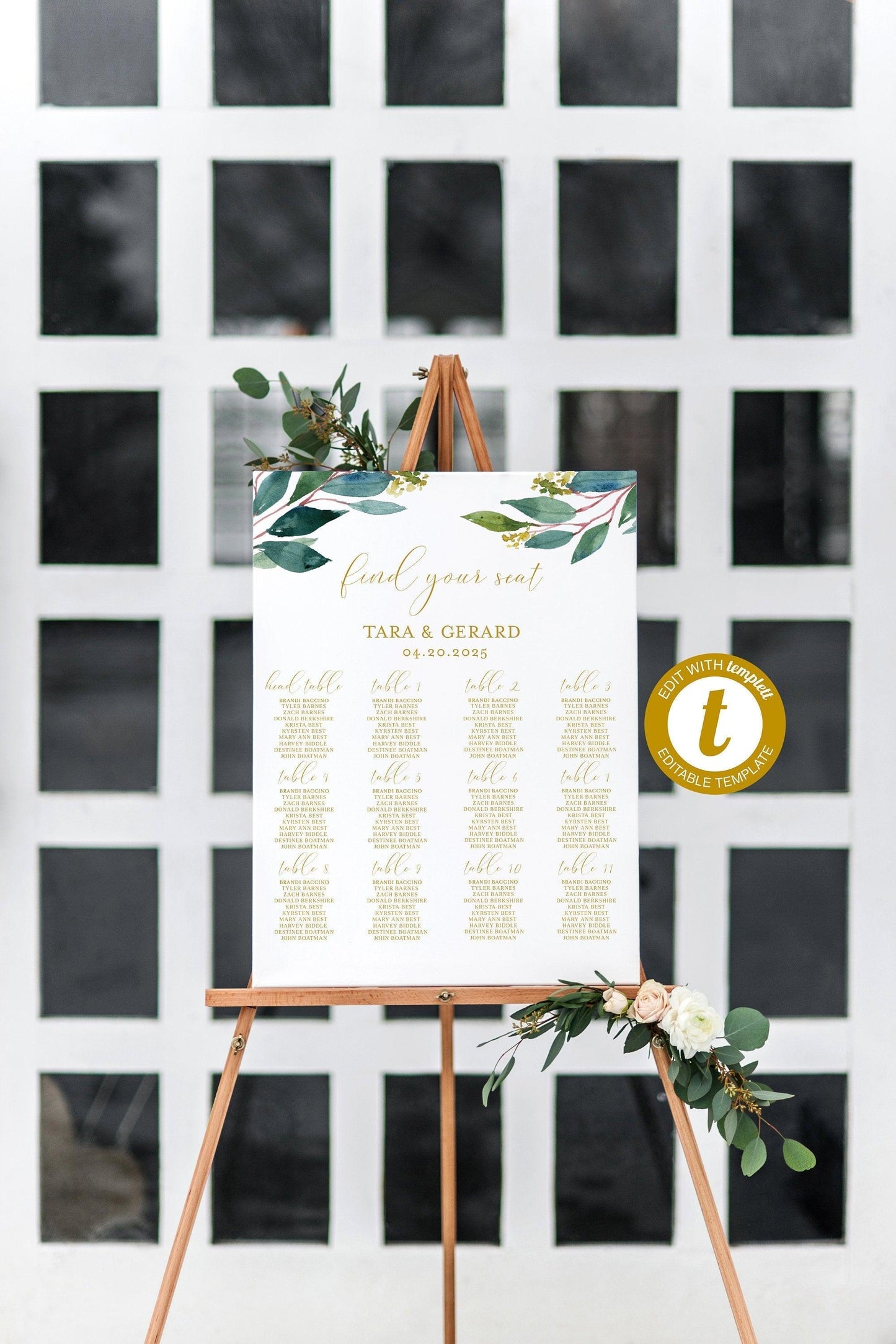 Wedding Seating Chart Template, Printable Greenery Seating Sign, Editable Text INSTANT DOWNLOAD - Tara - SAVVY PAPER CO