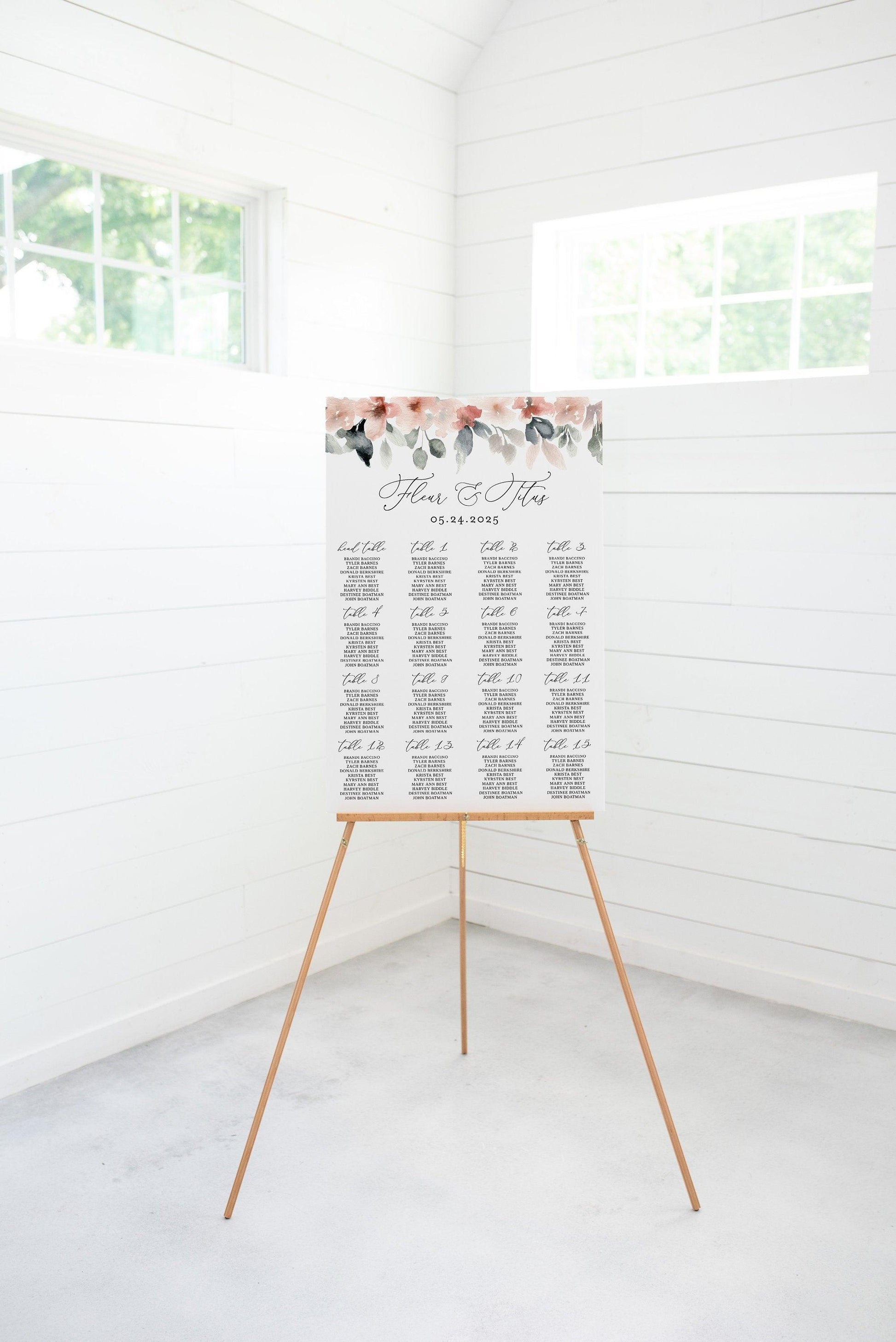 Wedding Seating Chart Template, Printable Seating Sign, Editable Text INSTANT DOWNLOAD - Fleur - SAVVY PAPER CO