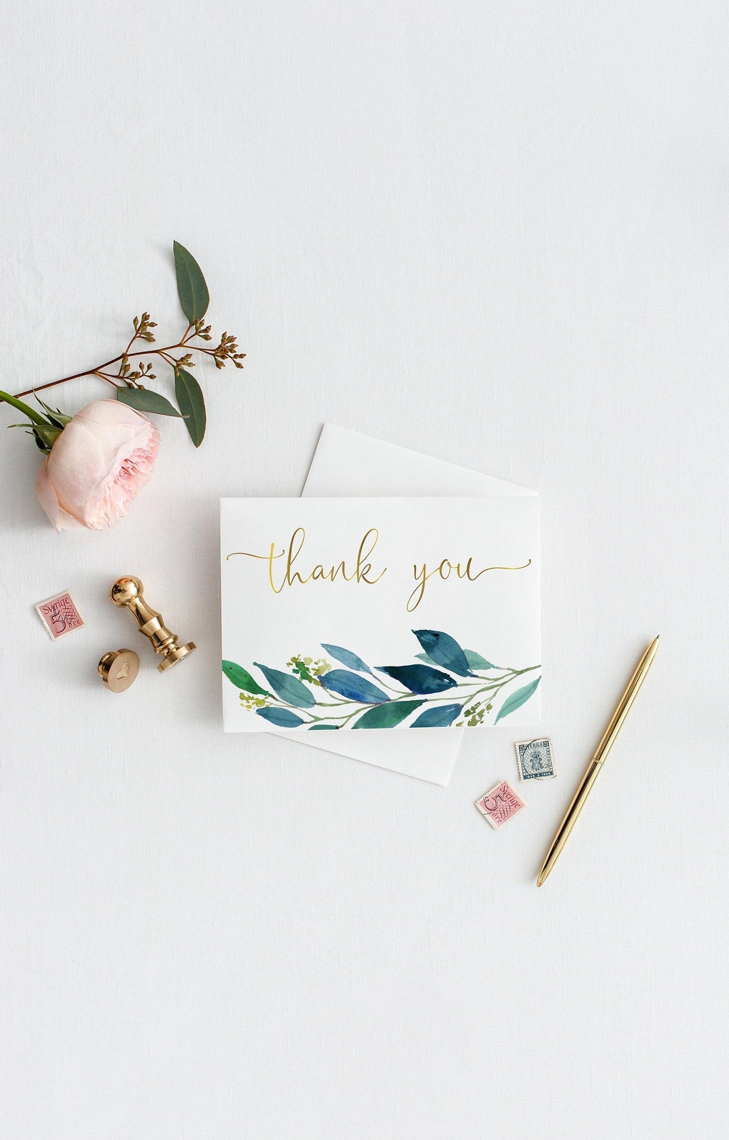 Wedding Thank You Card, Instant Download, Thank you Cards, Printable Thank You, Wedding Cards, Greenery, Dusty Blue, Gold - Elaine - SAVVY PAPER CO