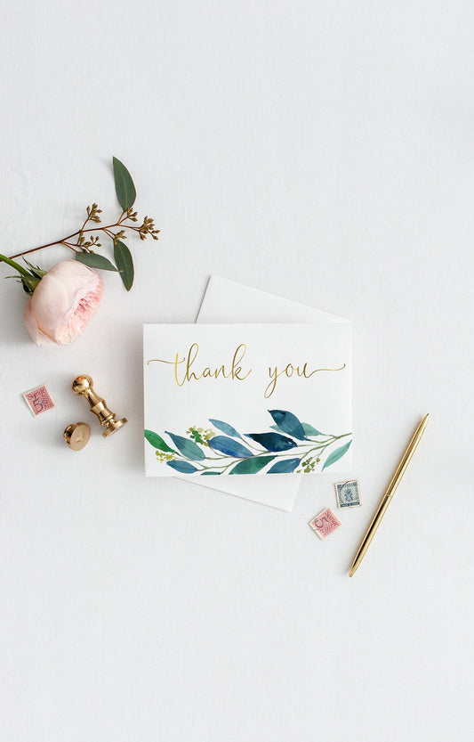 Wedding Thank You Card, Instant Download, Thank you Cards, Printable Thank You, Wedding Cards, Greenery, Dusty Blue, Gold - Elaine - SAVVY PAPER CO