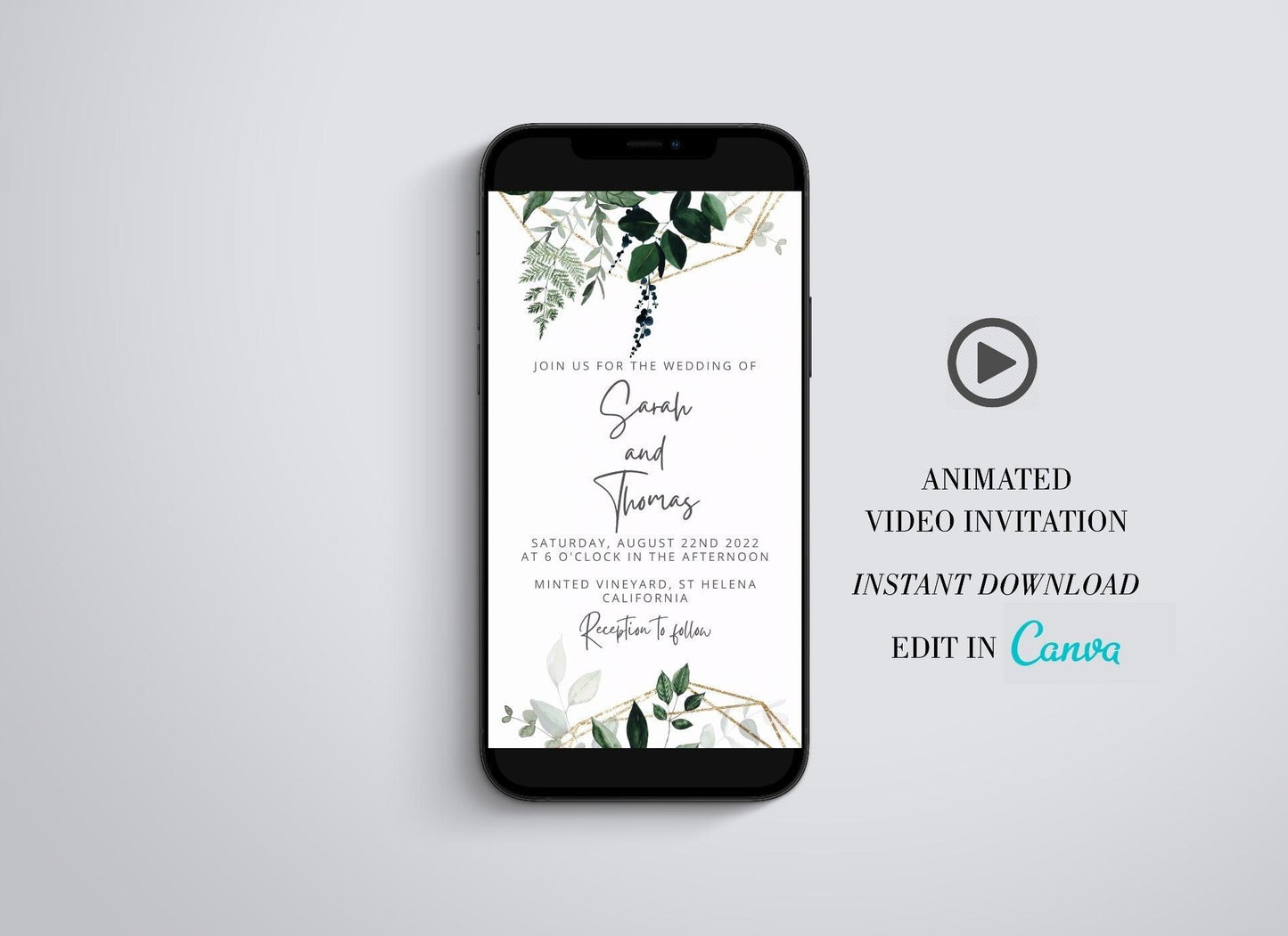 Wedding Video Evite, Electronic Save The Date, Wedding Video Invitation, Animated Invitation, Geometric Wedding, Greenery - SAVVY PAPER CO