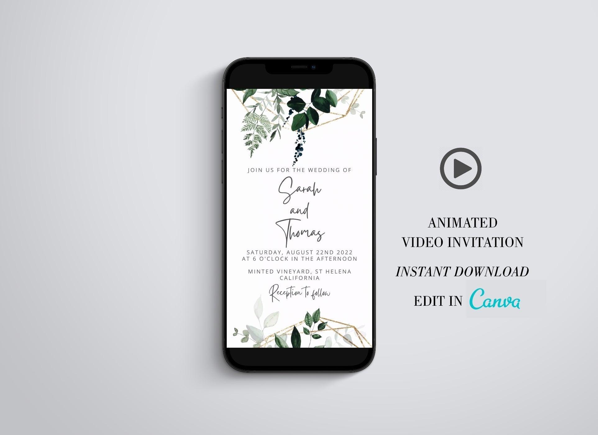 Wedding Video Evite, Electronic Save The Date, Wedding Video Invitation, Animated Invitation, Geometric Wedding, Greenery - SAVVY PAPER CO