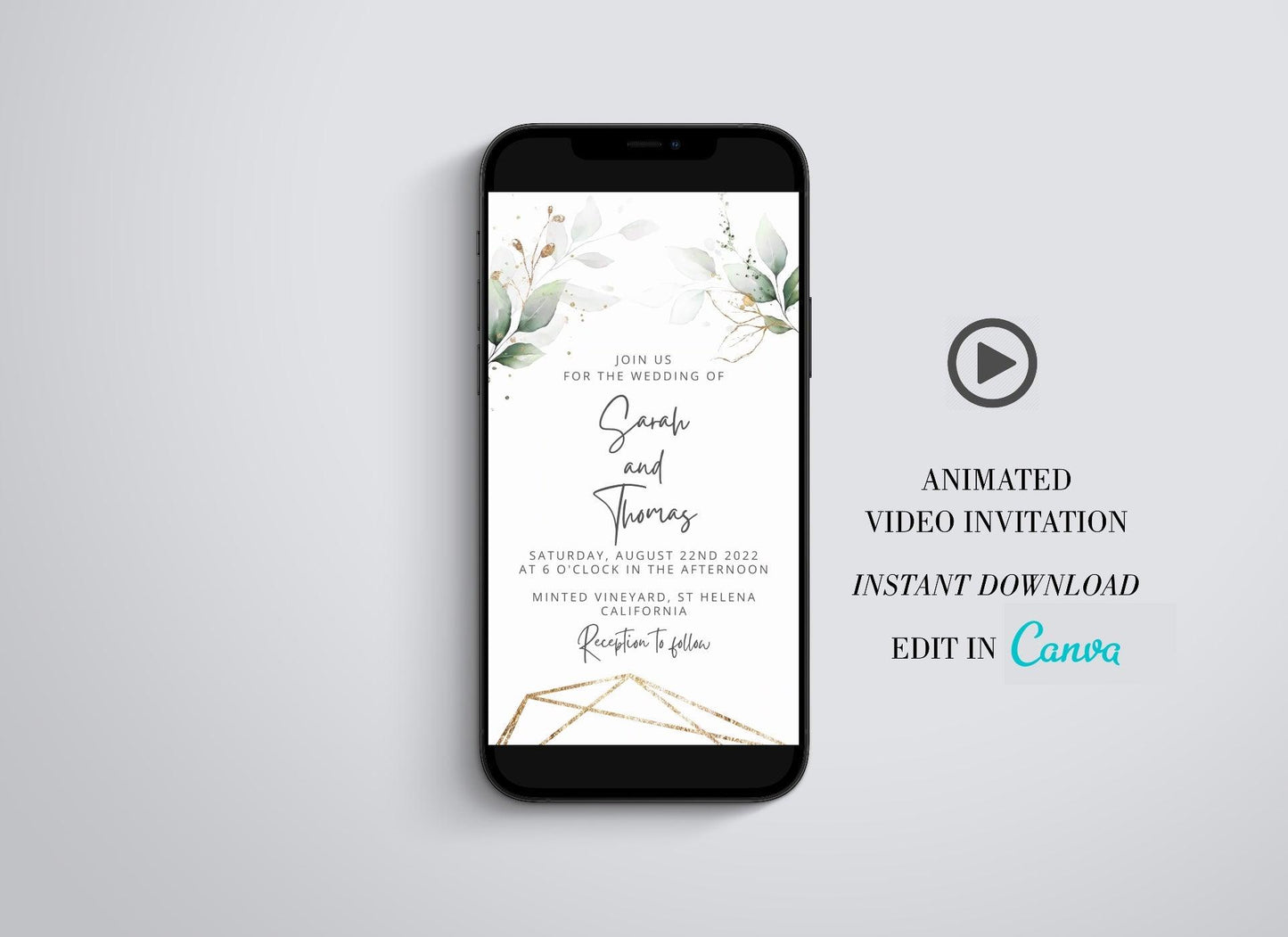 Wedding Video Evite, Electronic Save The Date, Wedding Video Invitation, Animated Invitation, Gold Glitter Wedding, Greenery - SAVVY PAPER CO