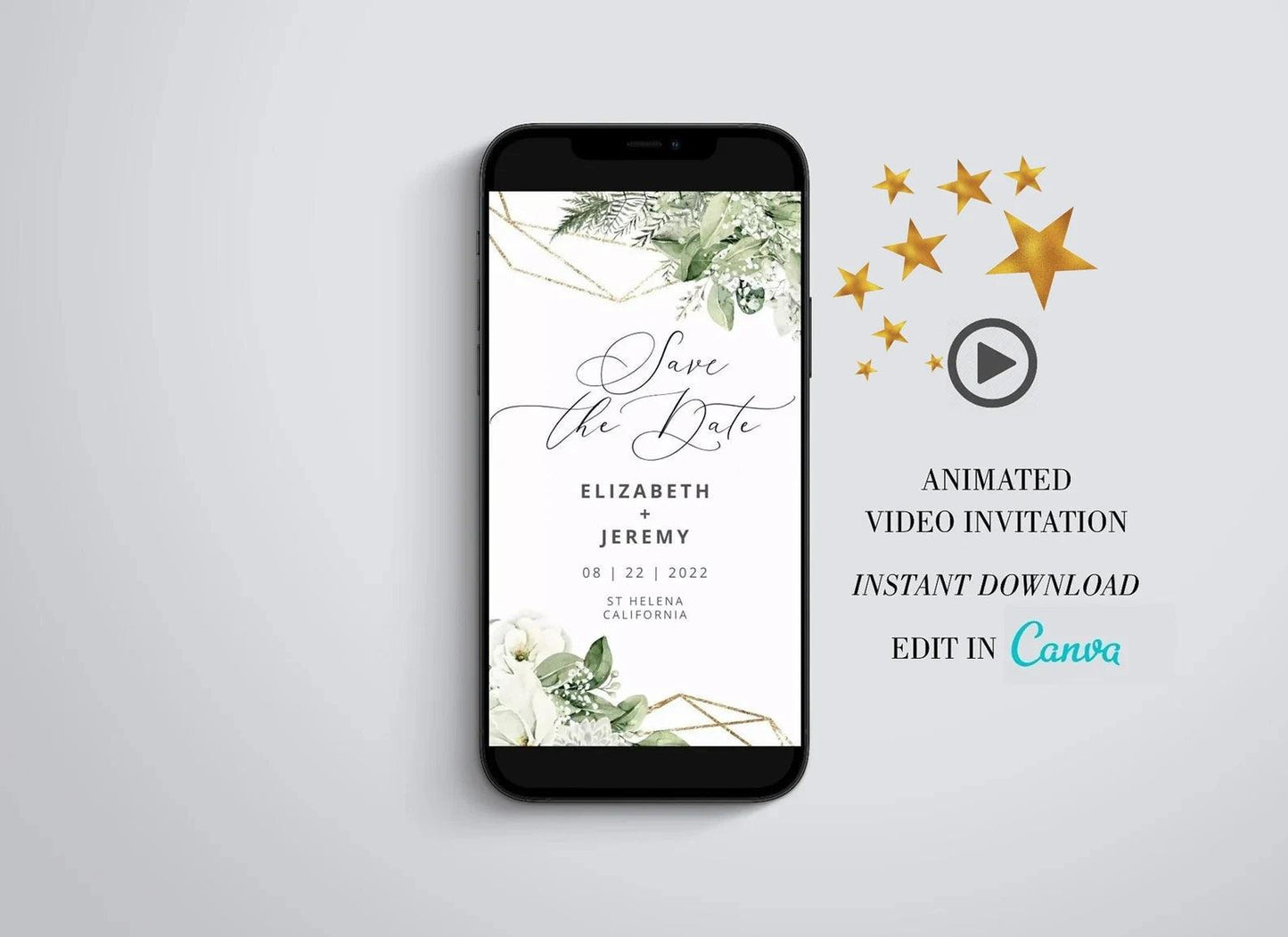 Wedding Video Invitation, Animated Invitation, Gold Wedding, Greenery Save the date, Video Evite, Electronic Save The Date - SAVVY PAPER CO