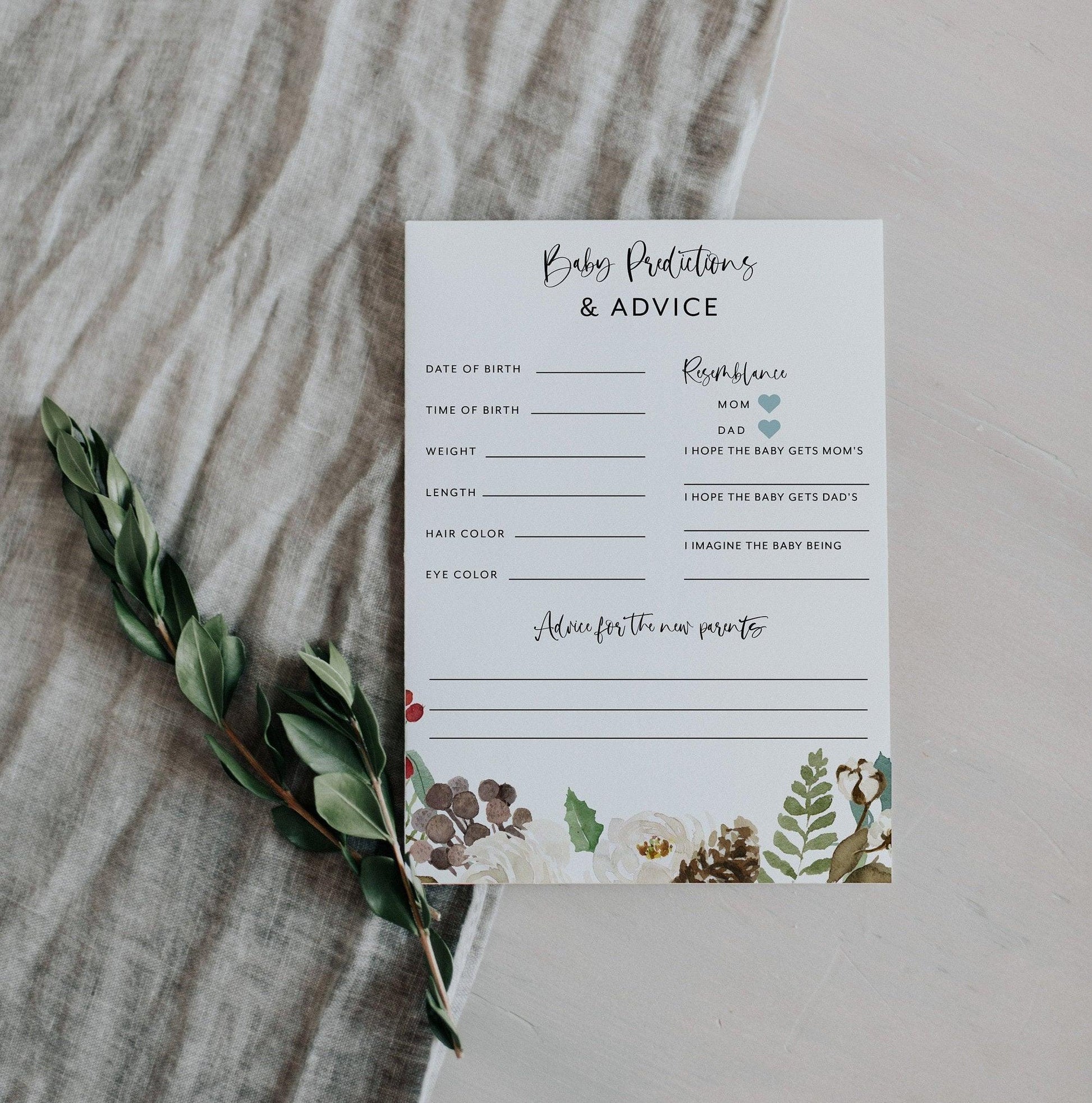 Winter Christmas Baby Predictions and Advice, Baby Shower Printable Game #CC1 - SAVVY PAPER CO