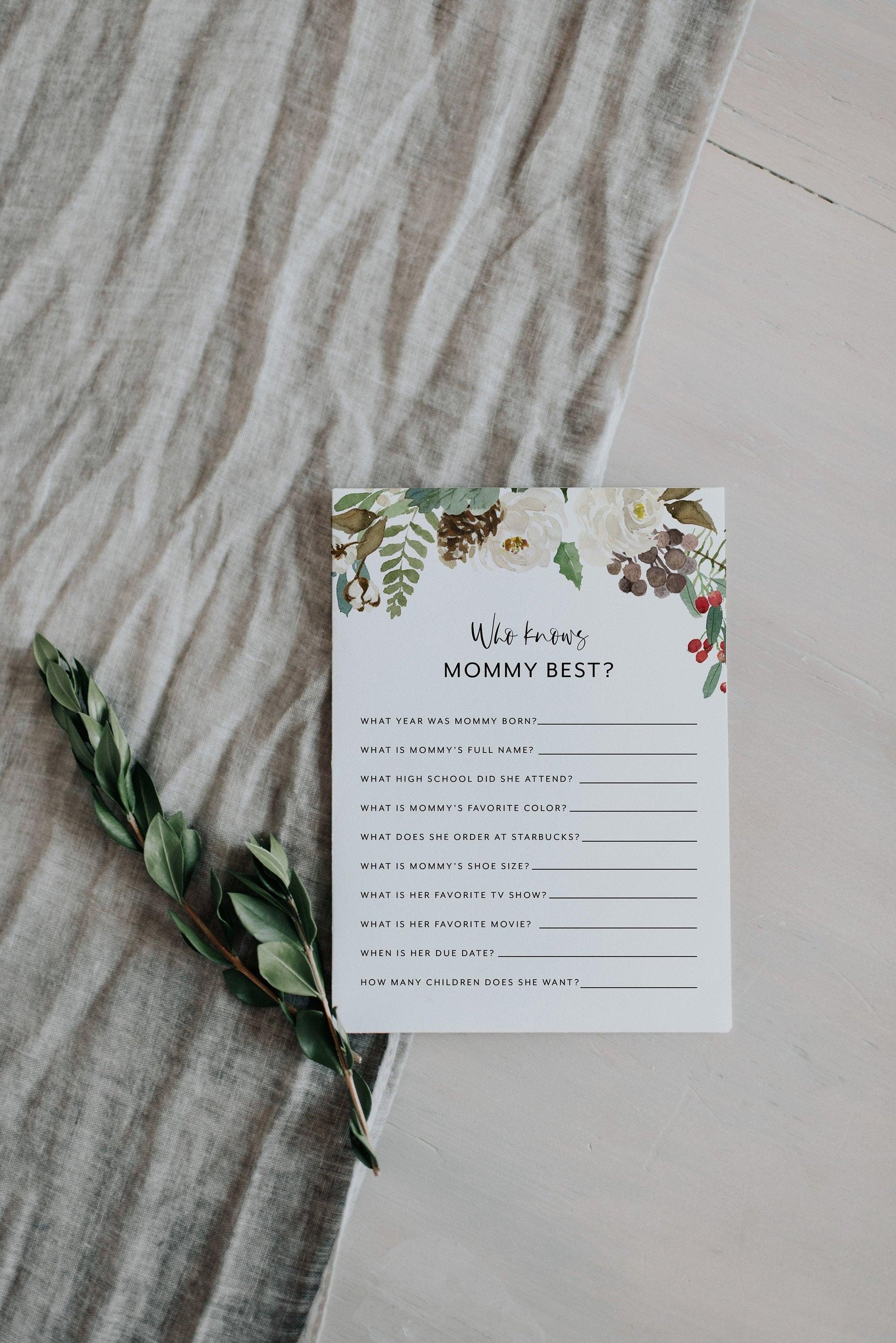 Winter Christmas Baby Shower Who knows mom Best, Who knows mommy best, Baby Shower Printable #CC1 - SAVVY PAPER CO
