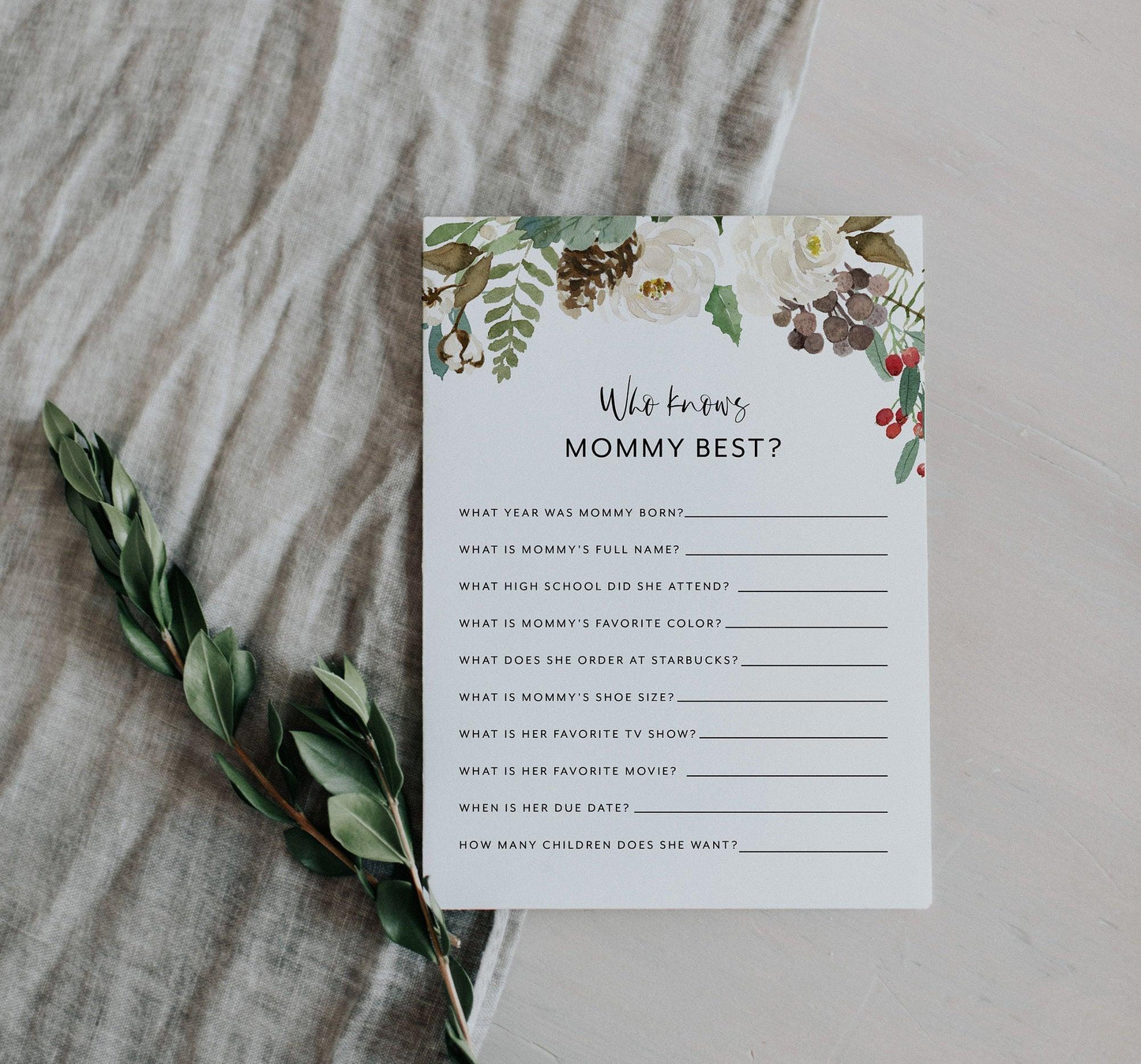 Winter Christmas Baby Shower Who knows mom Best, Who knows mommy best, Baby Shower Printable #CC1 - SAVVY PAPER CO