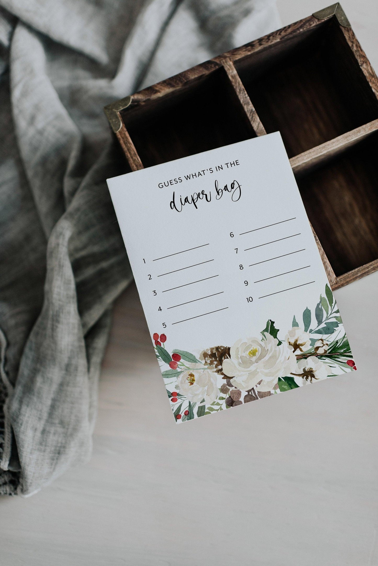 Winter What's in the Diaper Bag, Baby Shower Game, Girl Baby Shower, Printable Game Floral Watercolor Christmas #CC1 - SAVVY PAPER CO