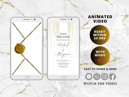 White and Gold Animated Glitter Wedding Invitation, Video Wedding Invite, Gold Wedding Glitter Curtain - SAVVY PAPER CO