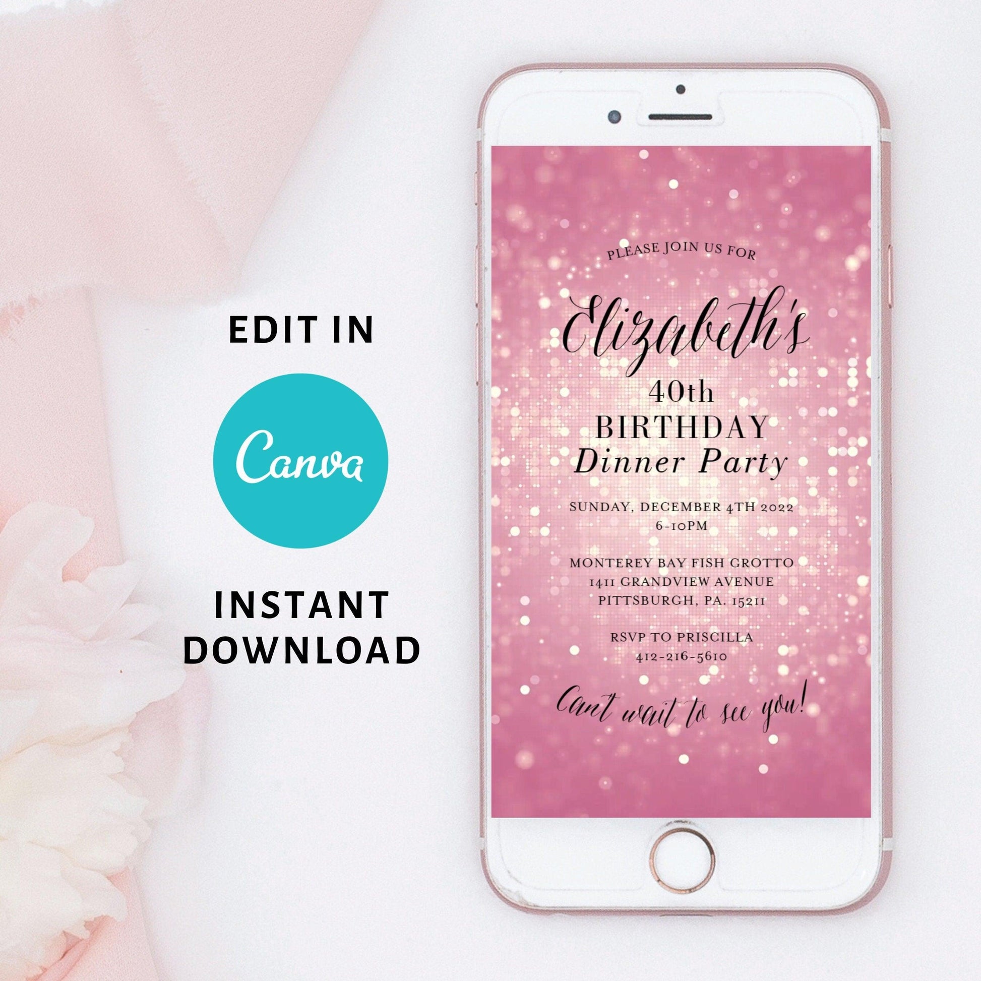 Electronic Birthday Dinner Pink Sparkle Invitation,Dinner Party Mobile Invite,Digital Dinner Evite,Birthday Dinner Video Invitation, Any Age - SAVVY PAPER CO