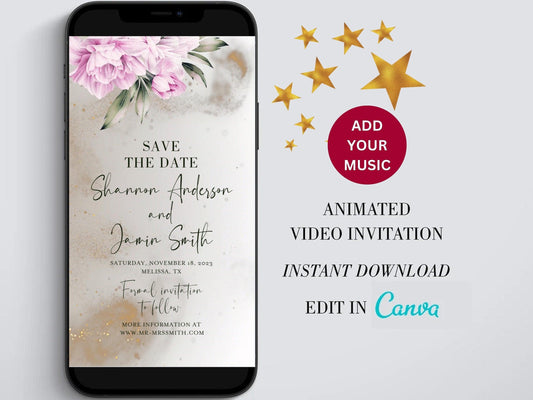 Wedding Video Invitation, Animated Floral Invite, Gold Wedding Invites, Save the date Video Evite, Electronic Invitation Template - SAVVY PAPER CO