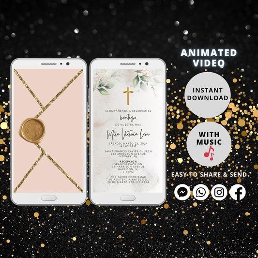 Baptism Invitation Video, Gold Cross, Greenery Baptism Invitation Card, Animated Baptism Invite with background music - SAVVY PAPER CO